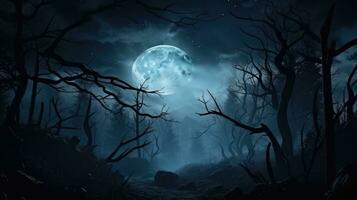 escalofriante bosque con lleno Luna para Víspera de Todos los Santos atmósfera foto