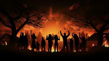 Halloween night People gathering around a bonfire photo