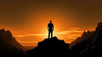 Silhouette of a man on a rock admiring a beautiful sunset photo