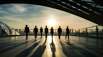 Business people walking across a pedestrian bridge in Paris La Defense photographed in silhouette photo