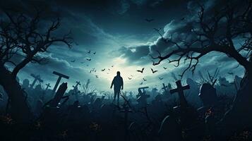 Zombie emerges from spooky graveyard on Halloween night full moon and bats photo