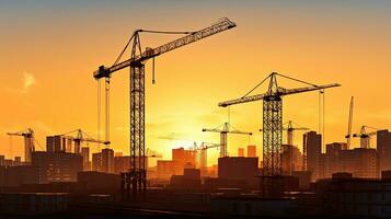 Sunrise with silhouetted cranes and buildings in industrial construction photo