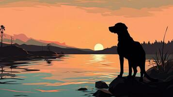 Silhouette of a pointer dog by a river at dusk photo