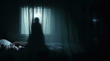 Blurred ghost silhouette in bedroom window at night horror scene on Halloween photo