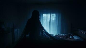 Blurred ghost silhouette in bedroom window at night horror scene on Halloween photo