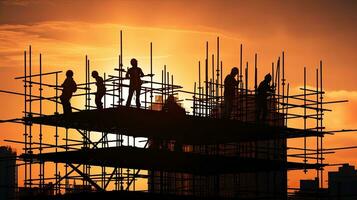 trabajadores construir casas en alto andamio sin la seguridad engranaje industrial y contemporáneo urbano construcción ajuste trabajador proteccion en labor seguro foto