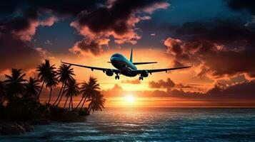 Aircraft flying above tropical ocean during sundown photo