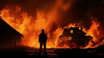 Silhouette of firefighter in front of blazing house photo