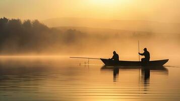 Two fishermen in a small boat on a calm lake obscured by morning fog photo