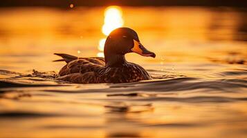 alto calidad foto de un Pato s silueta en agua durante puesta de sol