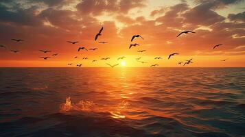 Birds in v shape flying over the sea at sunset symbolizing freedom and the autumn equinox photo