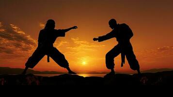 Two capoeira fighters in silhouette outdoors during sunset photo