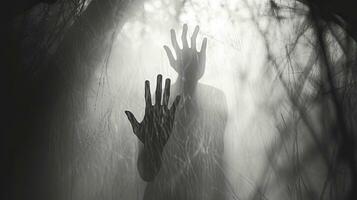 Silhouette of blurred hand on frosty glass Halloween theme photo