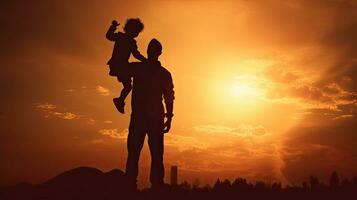 Parent with child on shoulders at sunset with vintage instagram filter photo