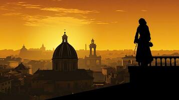 Silhouette of ancient Italian architecture viewed from a Rome rooftop at sunrise photo