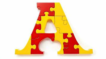 Yellow letter A silhouette on red puzzle background isolated on white photo