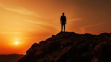 silueta de un hombre en un rock admirativo un hermosa puesta de sol foto
