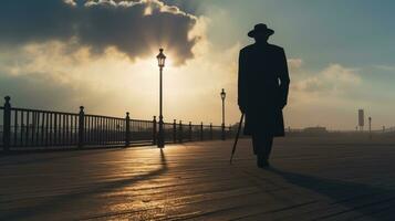 Old man strolling on the promenade aided by a cane photo