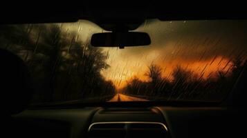 Through the car s wet windshield the trees appear as blurred silhouettes in the dim weather photo