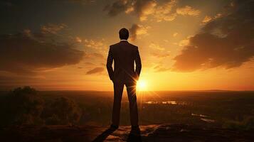 Businessman in nature at sunrise representing success and new opportunities photo