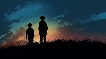 Two silhouetted boys on a hill at dusk photo