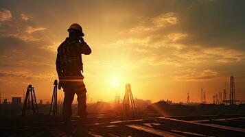ingeniero instruyendo construcción tripulaciones a trabajo sin peligro en elevado terreno en medio de un pintoresco puesta de sol foto