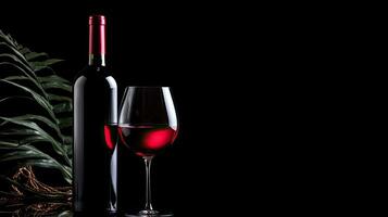 Red wine bottle and glass black background photo