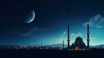 Twilight sky with Mosques Dome and Crescent Moon representing Islamic beliefs and various occasions photo