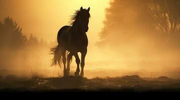 Silhouetted Arabian horse against sunrise in dense fog photo