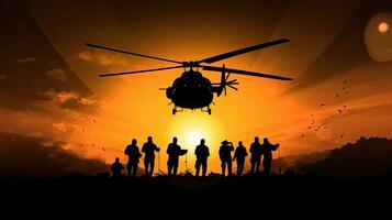 Silhouette soldiers descend from helicopter warning of danger against a sunset background with space for text promoting peace and cessation of hostilities photo
