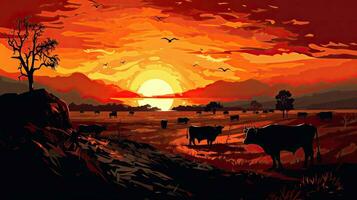 vacas formas a puesta de sol en el granja campo foto