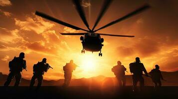 Silhouette soldiers descend from helicopter warning of danger against a sunset background with space for text promoting peace and cessation of hostilities photo