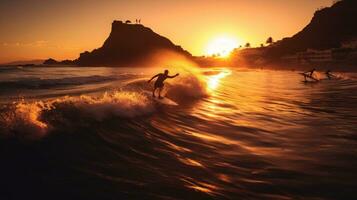 Surfers catching waves in Tenerife at sunset photo