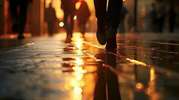 indistinto siluetas de personas caminando en un mojado ciudad calle en un lluvioso primavera día foto