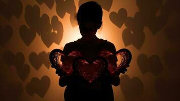 Silhouette of boy s hands and hearts photo