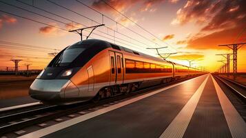 A fast modern train in motion at sunset a commercial transportation photo