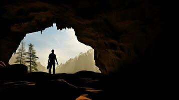persona s contorno en idagrotte Entre cueva paredes Elba arenisca montañas Sajonia Suiza Alemania foto