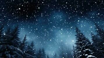 Snowy trees in a winter forest with snowfall and no dust or noise just many flying snowflakes in the sky photo