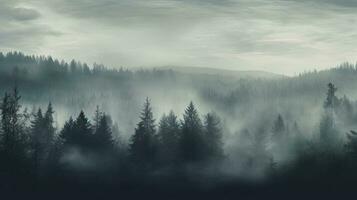 Thick white fog and heavy rain cloak the forest Tree shapes disappear in the mist amid grain and texture of clouds photo