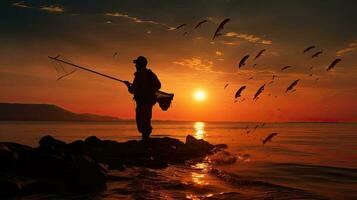 pescador vagante a lo largo el apuntalar que lleva su captura foto
