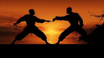 dos capoeira luchadores en silueta al aire libre durante puesta de sol foto