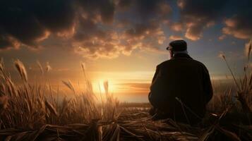 Elderly man observing sunset Tall reeds Beautiful cirrus clouds Sunrays on shoulders Serene people idea photo