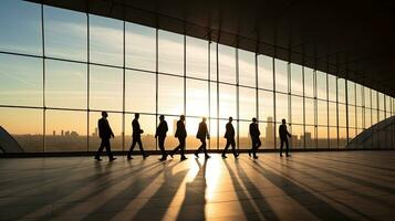 Business people walking across a pedestrian bridge in Paris La Defense photographed in silhouette photo