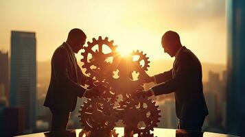 Businessmen work together to collect details from puzzle gears symbolizing the concept of a business idea teamwork strategy and cooperation photo