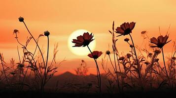 Sunset creates a silhouette of flowers photo