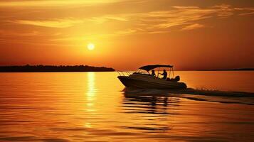 Golden sunset photo with a speed boat silhouette floating on the sun reflection captured during the evening