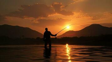 pescador s silueta en contra ajuste Dom fondo en río a puesta de sol foto