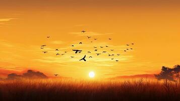 Silhouette cross and birds flying in autumn sunrise meadow background of thanks giving concept photo