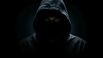 silencio figura en capucha en oscuro fondo ocultado cara simbolizando criminalidad misterio secreto y anonimato foto