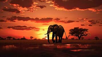 Silhouetted African Elephant during Botswana safari at African sunset photo